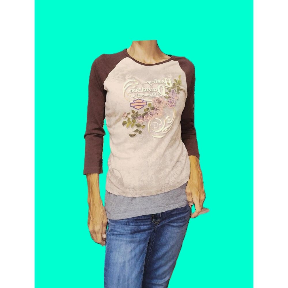 Harley-Davidson Vintage Brown Floral 3/4 Sleeve Raglan Top | Size Large